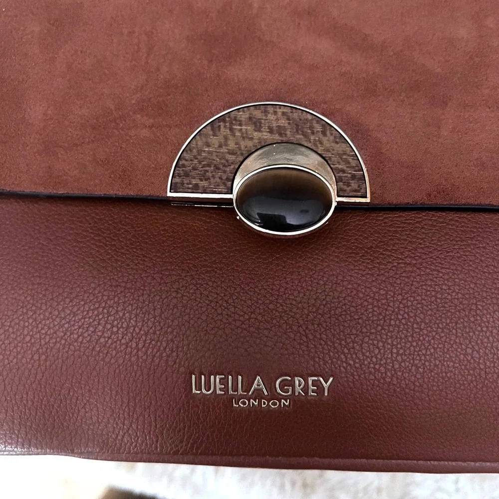 Luella Grey London Brown Mixed Media Satchel Bag Vegan Leather Leopard Strap NEW
